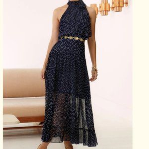 RIXO LONDON Eleanor Tie-neck Polka Dot Silk A-line Midi Dress - Medium NWT